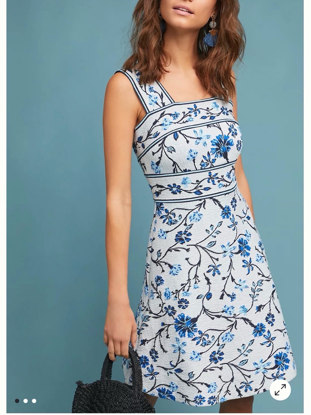 Anthropologie Shannon Jacquard Mini Dress White with Blue Floral Size Medium